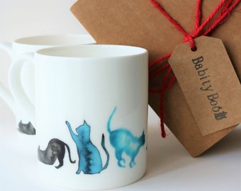 Cat Mug, ‘Blue Cats’ Design,small Bone China Mug, Coffee Mug, gift for a cat lover, gift for her,  Stocking filler