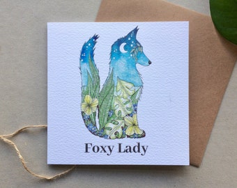 Fox Card, Greeting card - 'Foxy lady' design.  Fox card, blue fox, woodland card, animal art, fine quality greeting card, card for her