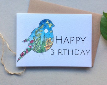 Happy Birthday Card, Illustrated Bird card, 'twilight bird' design Greeting Card
