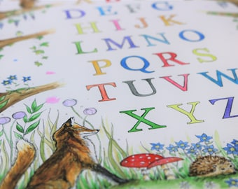 Woodland alphabet Print, fine art A3 glicee print, woodland nursery,  girls room, boys room, baby shower, new baby, nursery decor
