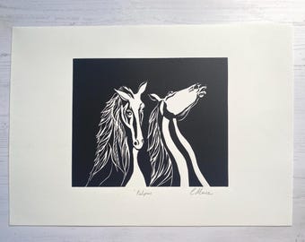 Scottish Kelpies black and white Lino cut print