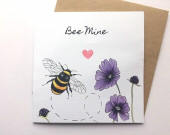 Bee Mine Greeting card.  Bee card, valentine card, high quality greeting card, square card, animal art, woodland, save the bees