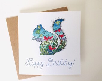 Squirrel happy birthday Greeting card.  Squirrel card, high quality greeting card, square card, animal art, woodland