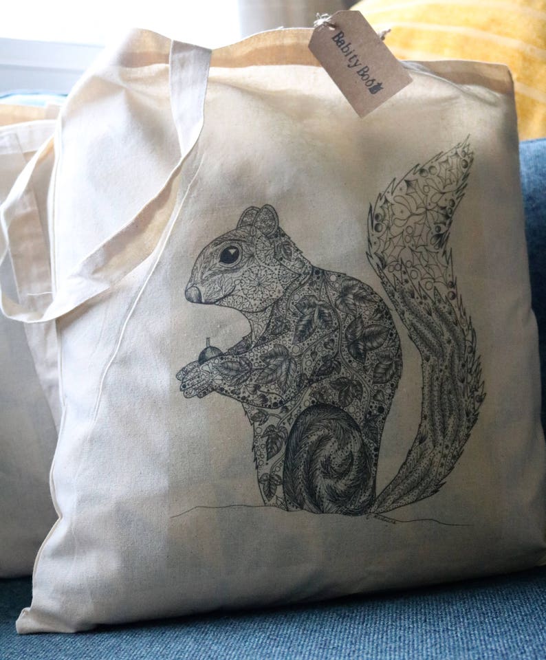 cotton tote bag woodland bag Squirrel tote bag gift animal bag grocery bag shoulder bag shopping bag stocking filler