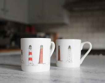 Gift Set Lighthouse Espresso Mug , Scottish Lighthouses design, Two Bone China Espresso Mugs
