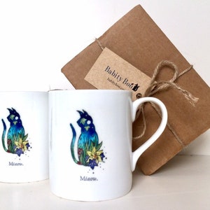 Cat Mug, &#39;miaow cat’ design, small Bone China Mug, Coffee Mug, gift for a cat lover, gift for her,  Stocking filler