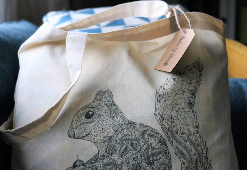 cotton tote bag woodland bag Squirrel tote bag gift animal bag grocery bag shoulder bag shopping bag stocking filler