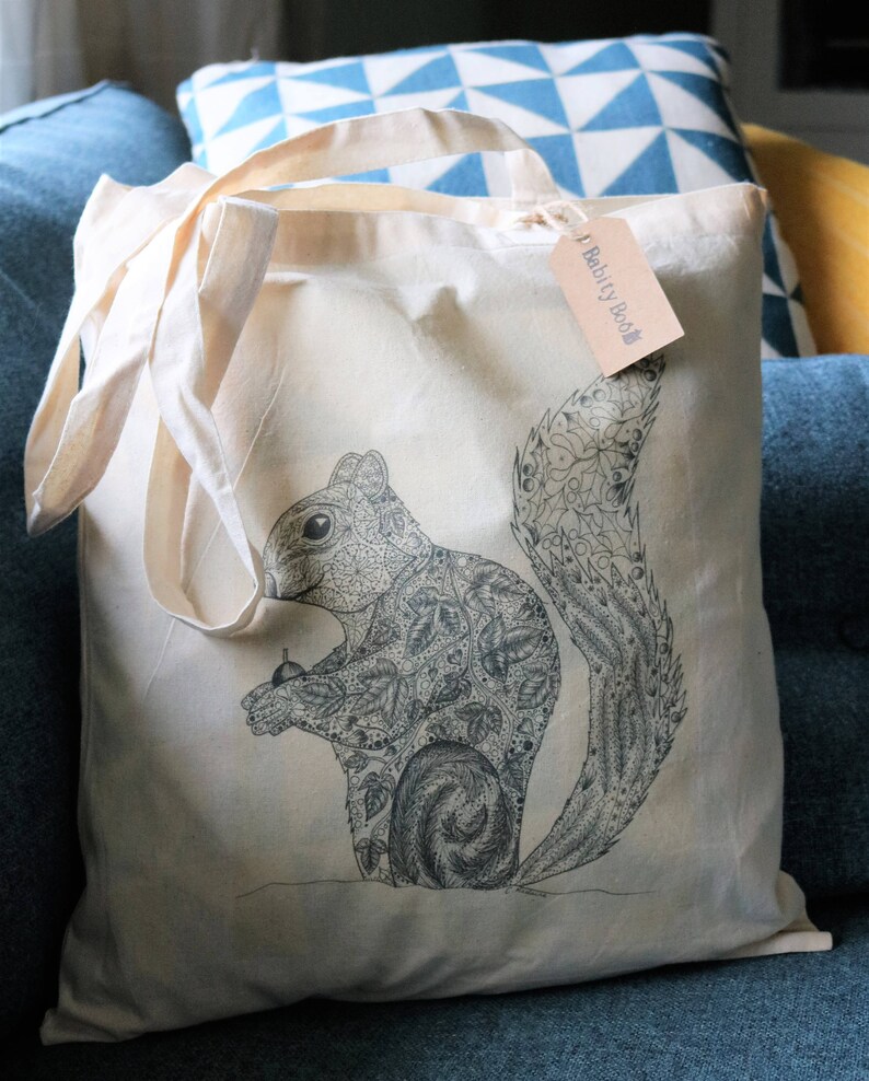 cotton tote bag woodland bag Squirrel tote bag gift animal bag grocery bag shoulder bag shopping bag stocking filler