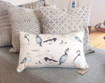 Seabird Cushion | Scottish Gift | Coastal | Puffin oyster catcher gannet |  Long lumbar cushion | rustic | beach house decor | hebridean