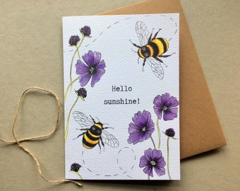 Bumble Bee Greeting Card 'Hello Sunshine' - save the bees - bee card - summer card - card for a gardener