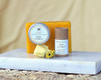 Bálsamo labial orgánico en barra y frasco, cero residuos, labios agrietados, mantequilla labial reparadora totalmente natural, sostenible, a base de hierbas, vegano o de cera de abejas.