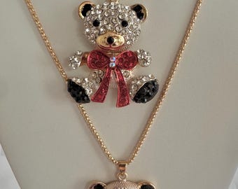 Betsy Johnson Cute Red Bow Knot Crystal Baby Bear Necklace Pendant Chain