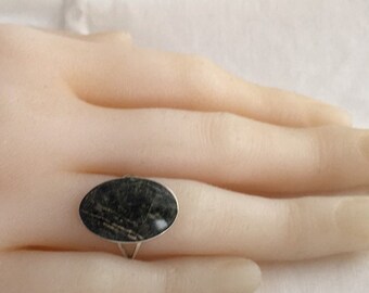 Taxco Eagle Symbol Hallmark Vintage Ring Moss Agate Oval Cabochon Stone 925 Sterling Silver  MMR