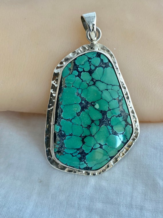 Hammered Framed Turquoise Bezel Pendant  Sterling… - image 1