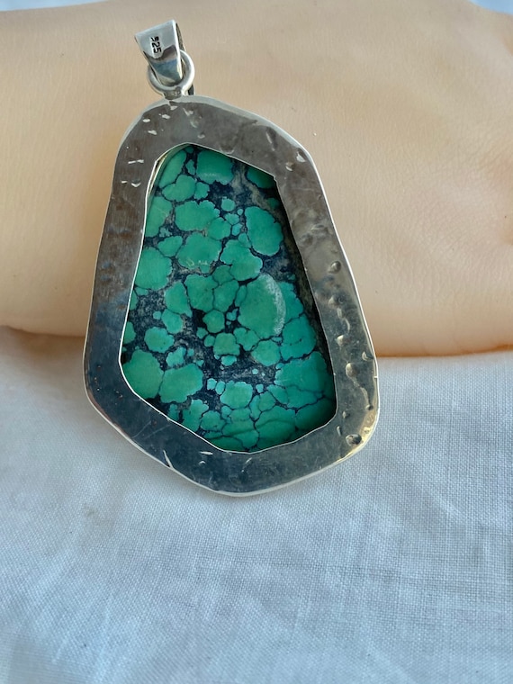 Hammered Framed Turquoise Bezel Pendant  Sterling… - image 5