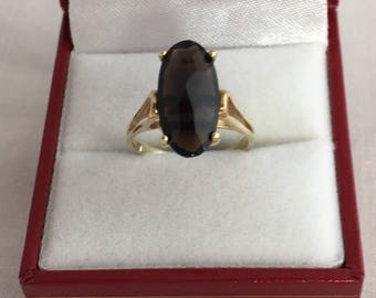Elegant 10K Gold Dome Cabochon Faceted Cut 3.3ct Smoky Topaz Gemstone Solitaire Tapered Design Stunning Ring Size 5.75