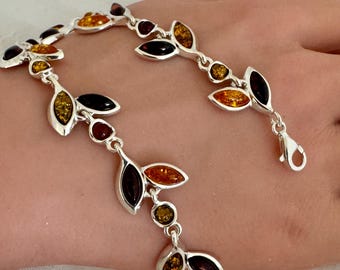 Baltic Amber Gemstones Leaf Blossoms Bracelet 925 Sterling Silver Rhodium Finish Made Poland New 16.75 Grams Hallmark 925 Size 7.25