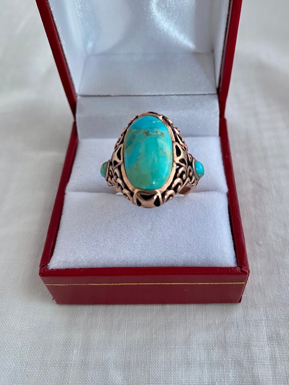 Turquoise Oval Cabochon Copper Ring Beautiful Pat… - image 3