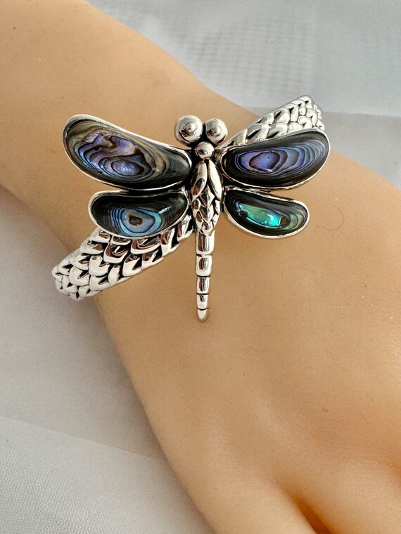 Bbj Dragonfly 925 Solid Sterling Silver 7.5 inch Cuff Bracelet Woven Abalone ShellOutside Width 2.73 Weight 39.1 Grams