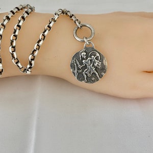St Christopher Artisan Made  Medal Rolo / Belcher Chain Link Necklace 925 Sterling Silver Vintage 23.19 Grams Vintage Patina