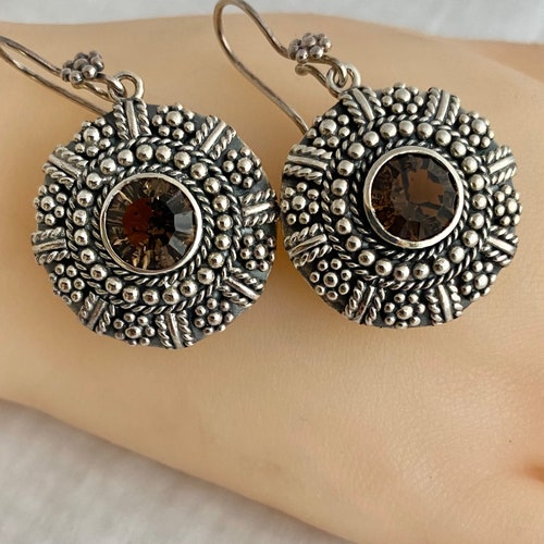 Exquisite Smokey Topaz Rope and buying Seed Design Large Round Dome Pierced Couture Earrings Thailand NK 925 Sterling Silver