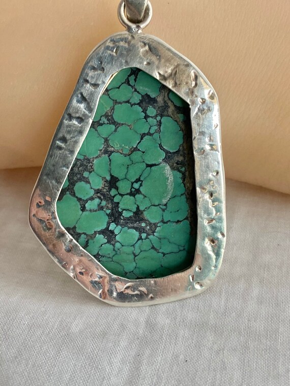 Hammered Framed Turquoise Bezel Pendant  Sterling… - image 3