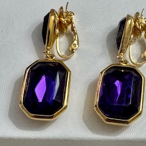 Trifari TM 1980s Last Pieces Trafari that were Signed Goldtone Amethyst  Rhinestone Drop Earrings Clip On Signed See Match Pieces 1.75”L New