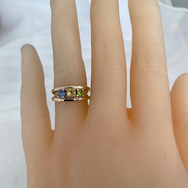 10K Solid Gold Split Band Gemstones Citrine Blue Topaz Peridot Yellow Gold Ring Size 5 1/2