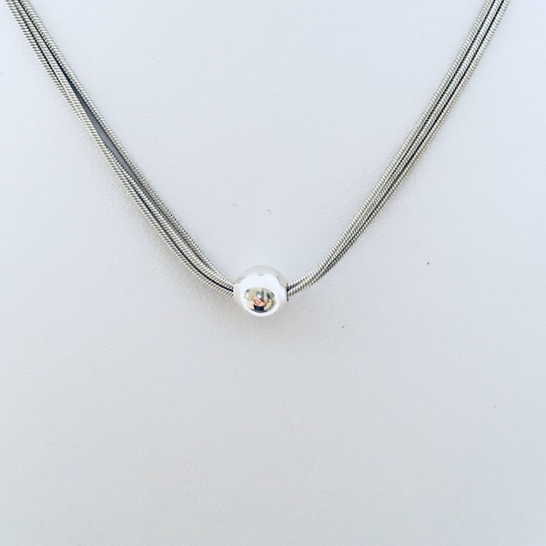 Triple Snake Chain Minimalist Solitaire Bead Sterling Silver 925 Italy Chain Necklace