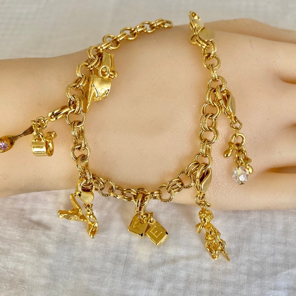 Kirks Folly Charm Bracelet each Charm w/Clasp GoldTone Retired Baby & Teddy Blocks Blue Stone Cup Spoon Stork Adult Bracelet