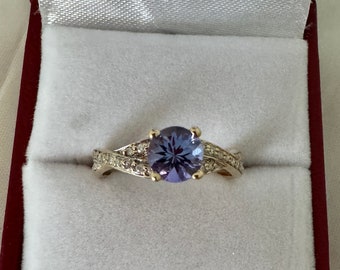 14K Solid Gold Tanzanite Gemstone Moissanite Diamonds Flank Shoulders Bypass Design Ring  6.75 Weighs 2.58 Grams Tanzanite approx 1/2ct
