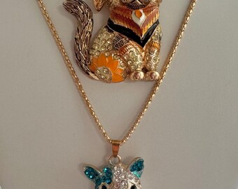 Betsy Johnson Brooch Pendant Dog & Cat Pendant Enamel Necklace 24” Goldtone Chains Rhinestones/ Crystals Hallmark Betsey Johnson See Remarks