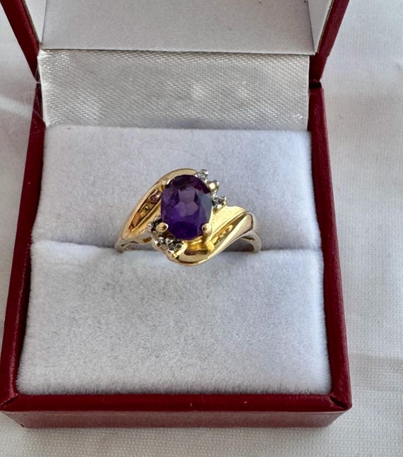 14K Solid Gold Amethyst Gemstone Small Accent Dia… - image 1