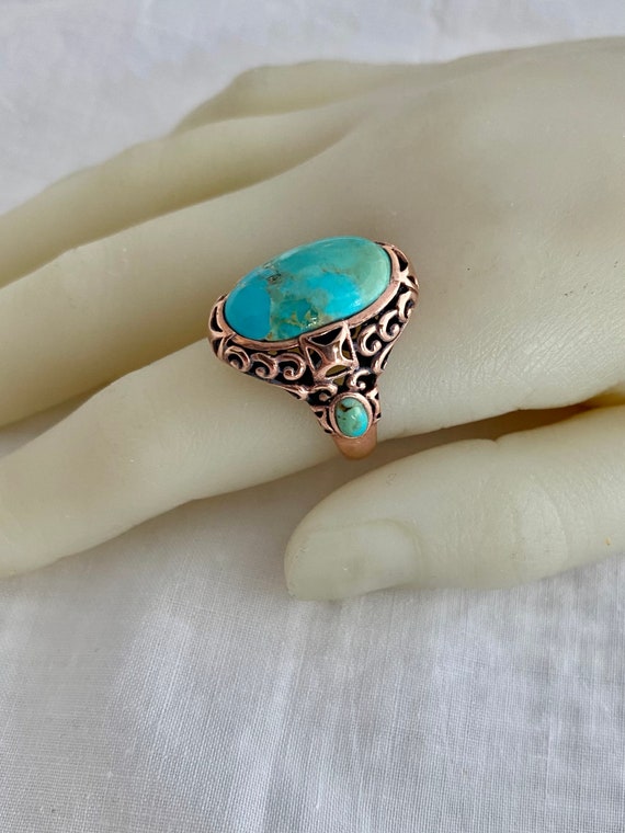 Turquoise Oval Cabochon Copper Ring Beautiful Pat… - image 1