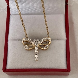 10K Gold Dragonfly 10 Accent Diamonds Twist Chain Necklace 16 1/2” Length 3.17 Grams White & Yellow Gold Hallmark Aj 10K
