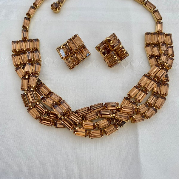 Weiss Necklace Earring Set Clip on Earrings Baguette Amber / Brown Sugar Rhinestones