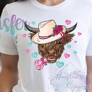 Highland Cow Transfer, Cow DTF, Valentines Cow, Valentines Transfer, Image Transfer, Heat Press Transfer, Valentines Day, Direct To Film