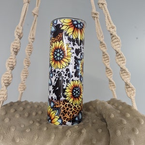 Sunflower And Cowhide Tumbler, Country Chic Tumbler, Green Gemstone, Leopard Print 20oz Tumbler, Can Be Personalized, For Home Or On The Go