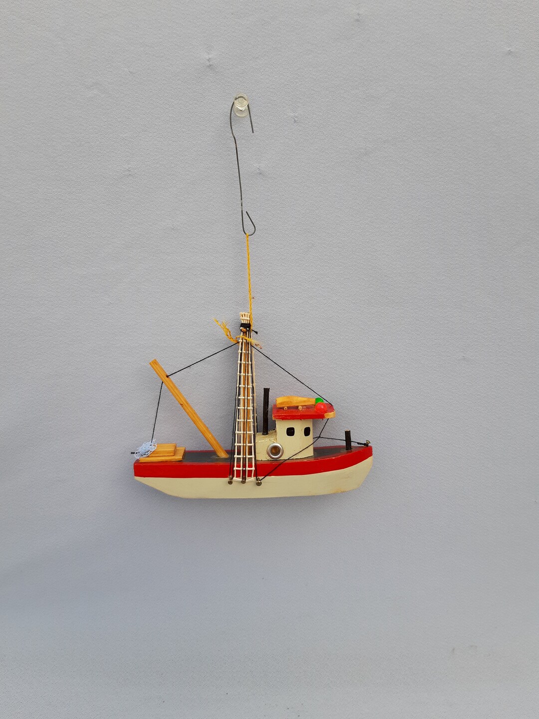 Handmade Fishing Boat Ornament. Myrtle Beach, SC. Wood. 5''x 4''. Etsy