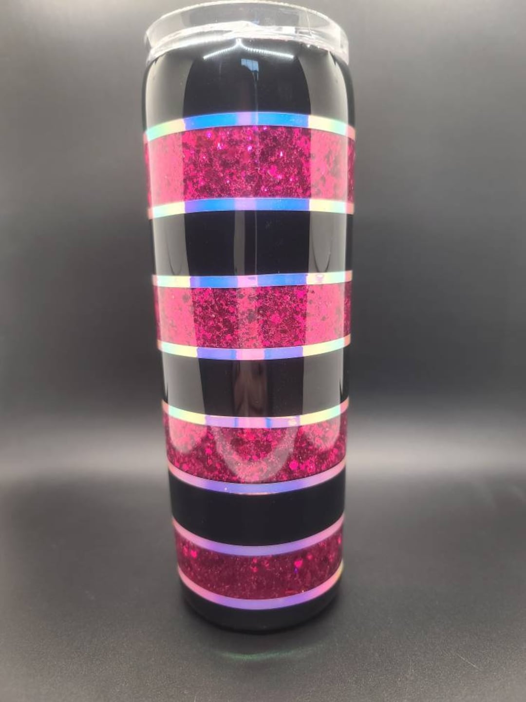 Pink and Black Striped Glitter Tumbler Etsy