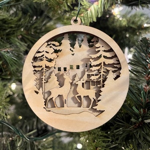 Doe and Buck in Woods Christmas Multi-Layer Ornament - Wood