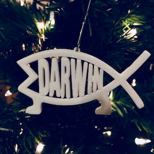 May include: White plastic Christmas ornament shaped like a fish with the word "DARWIN" inside. The ornament is hanging on a Christmas tree.
