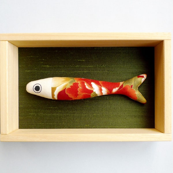 Douglas. Fish in Japanese floral fabric on green background in natural wood frame by Coucouja