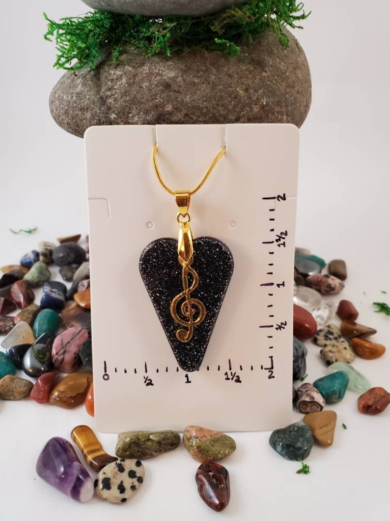 Treble Love music note black heart gold jewelry pendant resin necklace unique glitter stylish charm gift easter