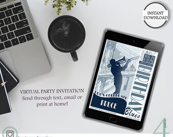 Virtual Party Birthday Blues/Jazz Party Printables Invitation for Men