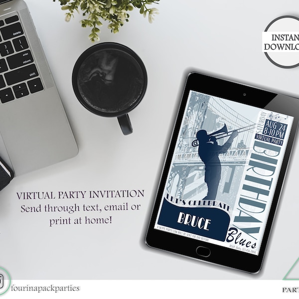 Virtual Party Birthday Blues/Jazz Party Printables Invitation for Men