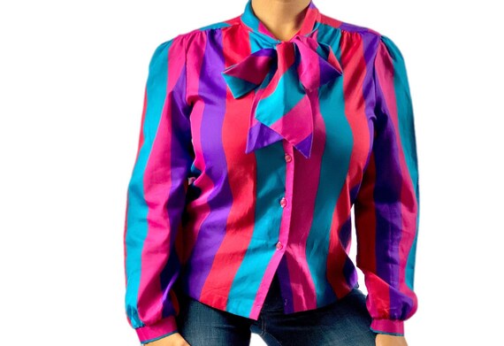 Vintage Pussy-Bow Colorful Striped Blouse size Med