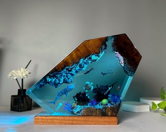 Lampada oceanica in resina epossidica, squalo balena e luce notturna per subacqueo di coppia, lampada in legno di resina, immersioni gratuite, regalo estivo unico - Arredamento per la casa