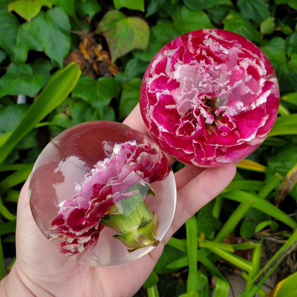 Pink Carnation Resin Sphere with Light Base | Handmade Resin Craft with Real Carnation Inside - Home Décor Night Light, Accent Lighting