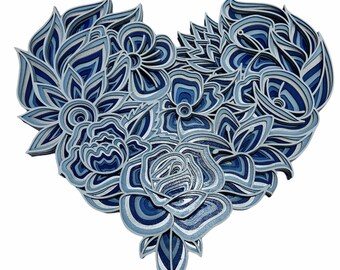 Large Wall Decoration Mandala 3D Art Multilayer Large 17 inch Blue Floral Heart Wood Flower Art